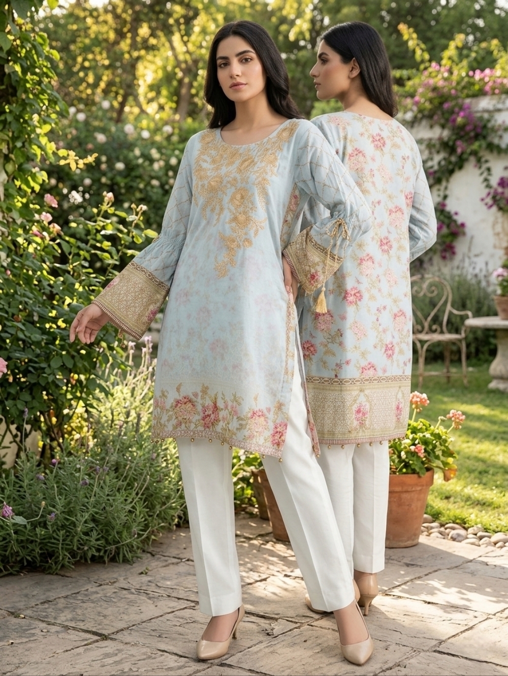 Light Blue Floral Embroidered Women's Tunic/ Kurta